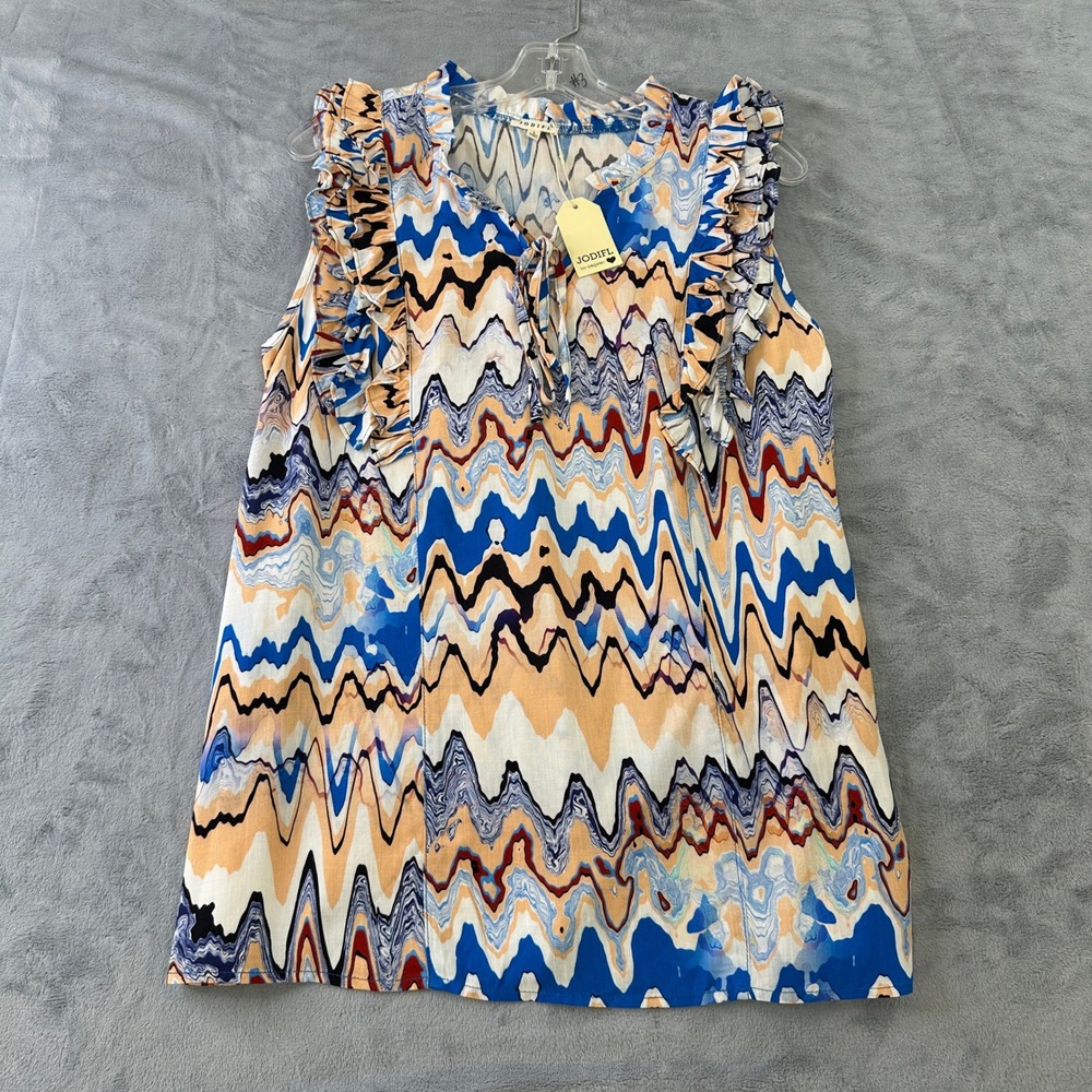 NWT Jodifl Womens Blue Orange Chevron Zigzag Ruffle Sleeveless Blouse L G11316